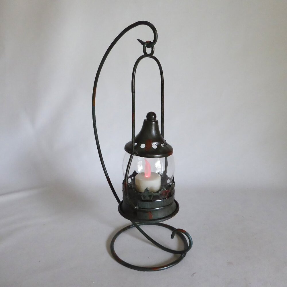 NEW 13.75” HANGING METAL & GLASS LANTERN TEA LIGHT CANDLE HOLDER STAND ODDITY